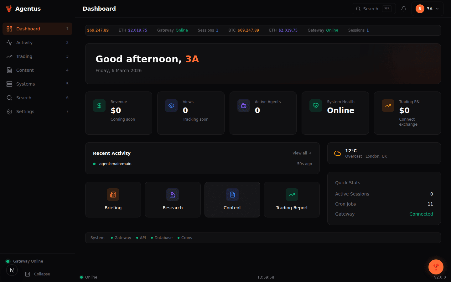 Agentus Console Dashboard — real-time AI agent monitoring